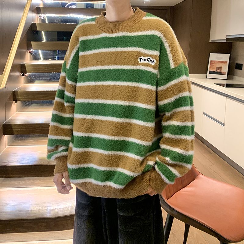 條紋刺繡針織衫男復古潮牌寬鬆慵懶風日系情侶春秋裝圓領套頭毛衣
