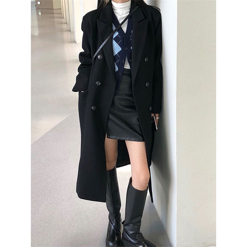 黑色韓版加厚毛呢大衣女寬鬆赫本風2023冬季中長款西裝毛呢外套新