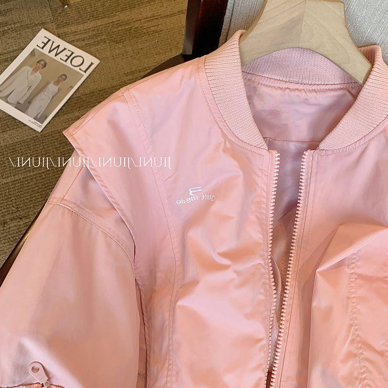 Niche design pink baseball uniform jacket for women spring and autumn Korean style temperament age-reducing loose casual jacket top