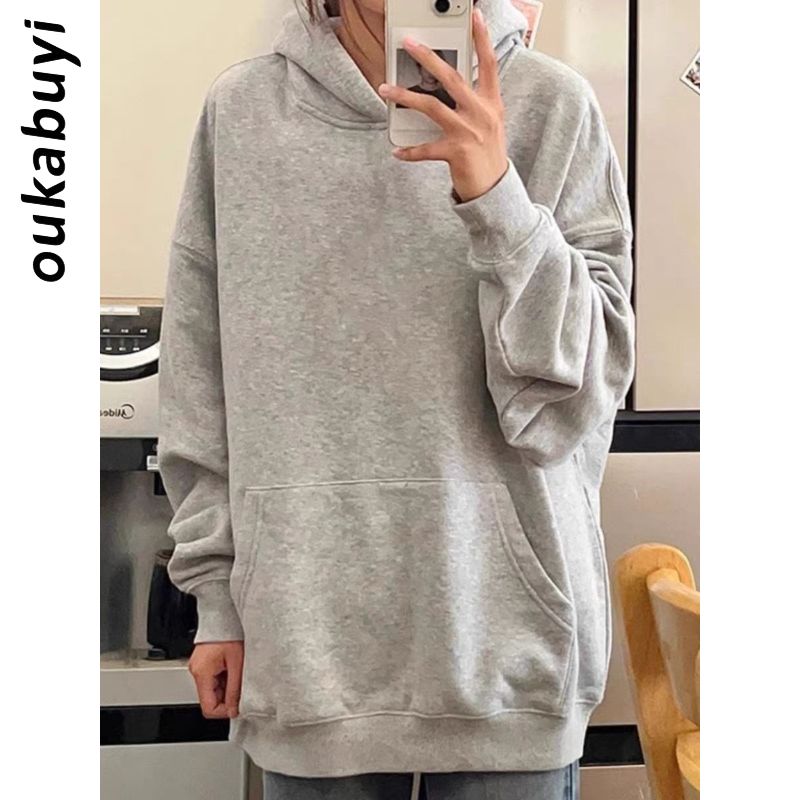 OUKABUYI100%純棉冬季新款純色連帽女學院風寬鬆加絨oversize上衣