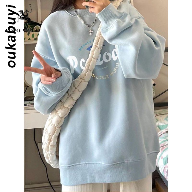 OUKABUYI100%純棉圓領衛衣女秋冬美拉德復古特色慵懶風寬鬆上衣