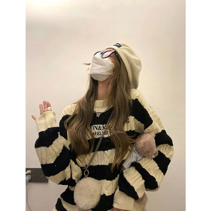 美式vintage麻花復古條紋針織衫圓領套頭撞色條紋長袖女毛衣外套