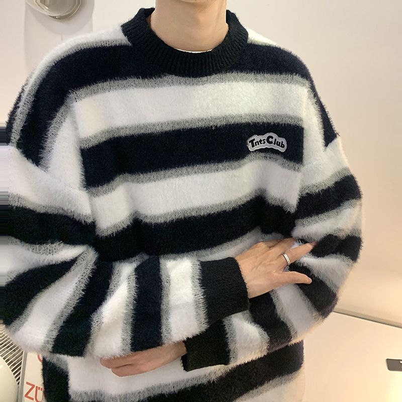 美式黑白條紋圓領毛衣男潮牌ins寬鬆慵懶風線衣秋冬季情侶針織衫
