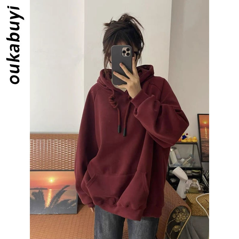 OUKABUYI100%純棉秋季新款純色連帽女學院風寬鬆長袖oversize上衣