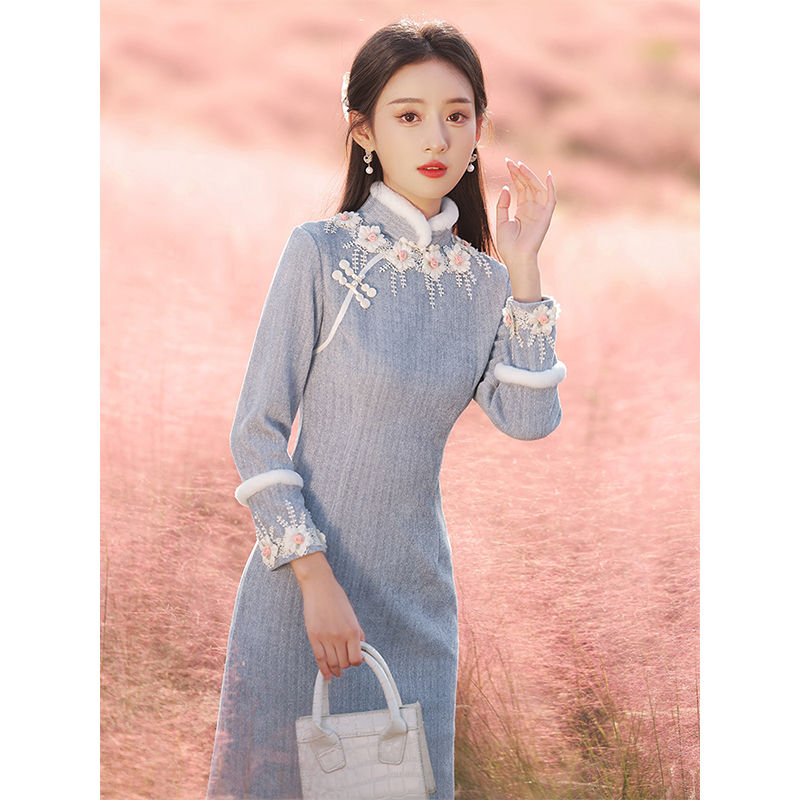 旗袍冬款2023年新款秋冬年輕款長袖時尚加厚改良冬裝連衣裙女冬季