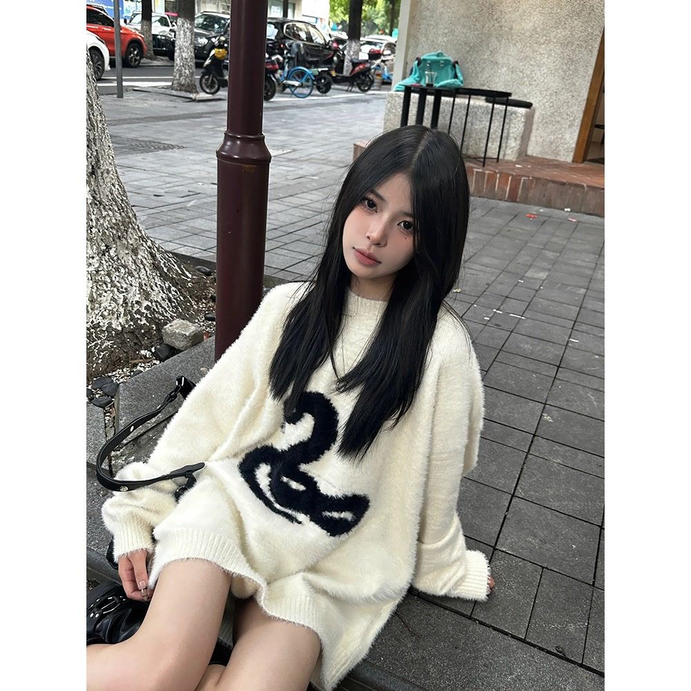 美式高街甜酷溫柔軟糯毛衣女秋冬oversize寬鬆百搭休閒上衣外套潮