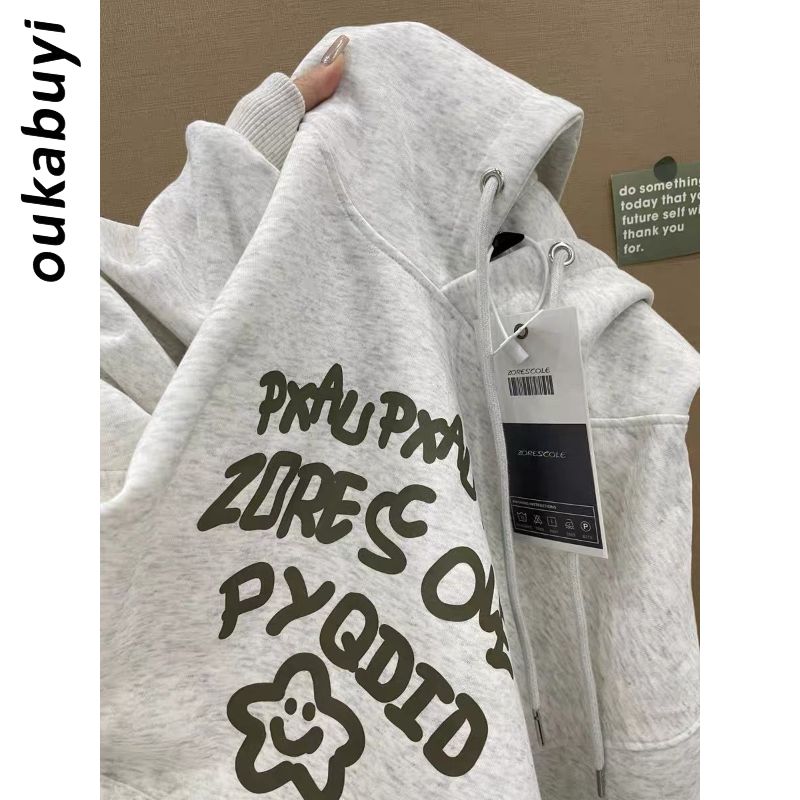 OUKABUYI100%純棉字母圖案印花秋季連帽女學院風寬鬆oversize衛衣