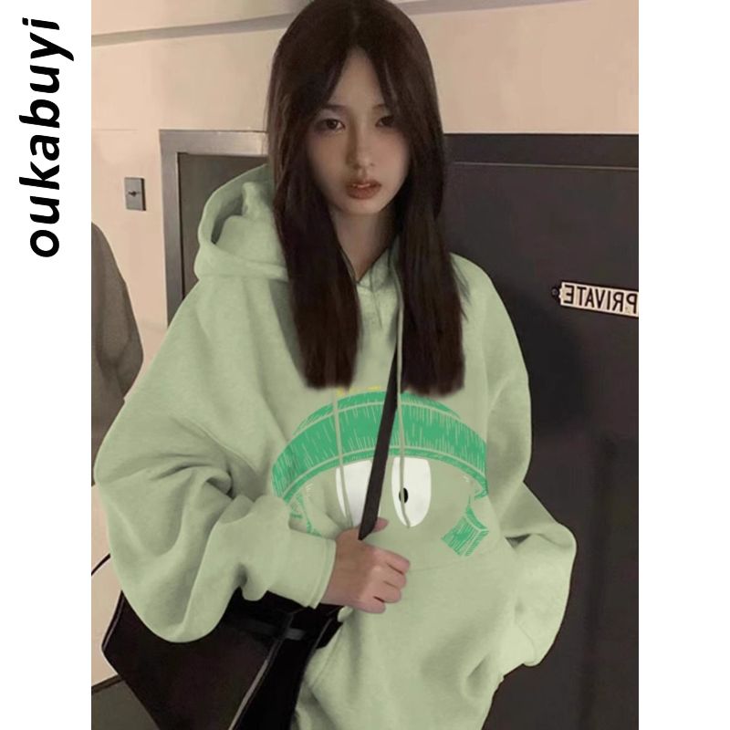 OUKABUYI100%純棉連帽衛衣女淺綠色慵懶風秋冬加絨加厚上衣潮