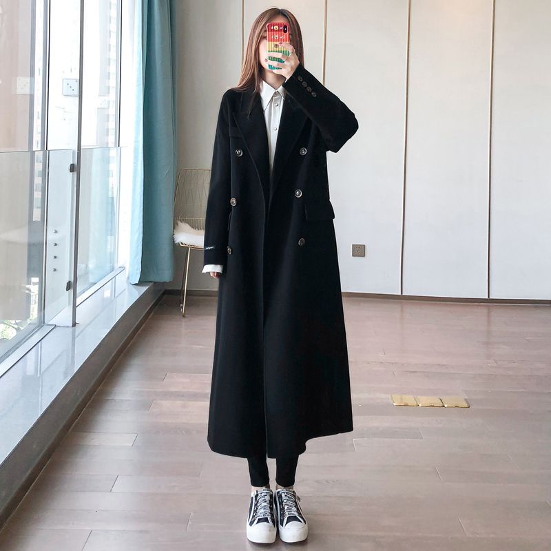 毛呢外套女2023冬季新款赫本風寬鬆休閒時尚雙排扣中長款黑色大衣