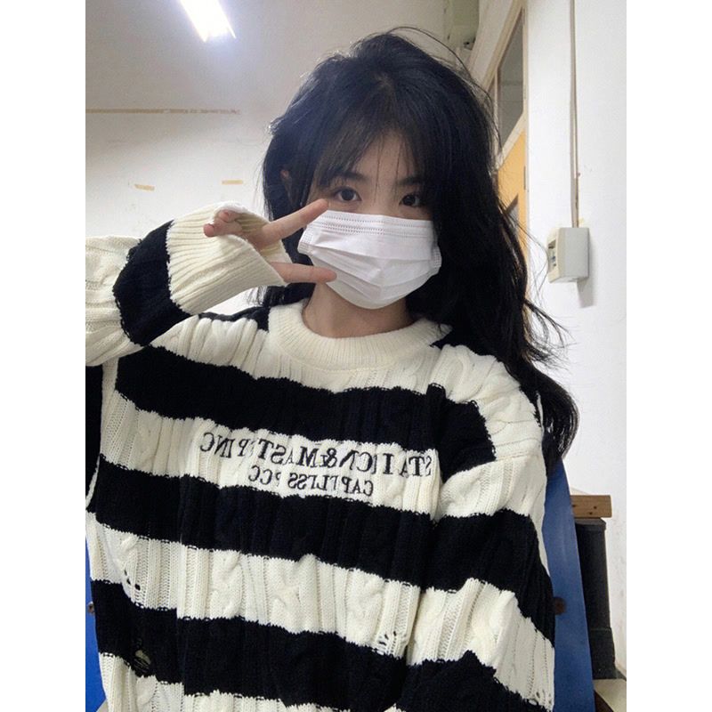 American retro soft waxy striped long-sleeved sweater for men and women, trendy brand, high-end, lazy style, round neck pullover knitted top