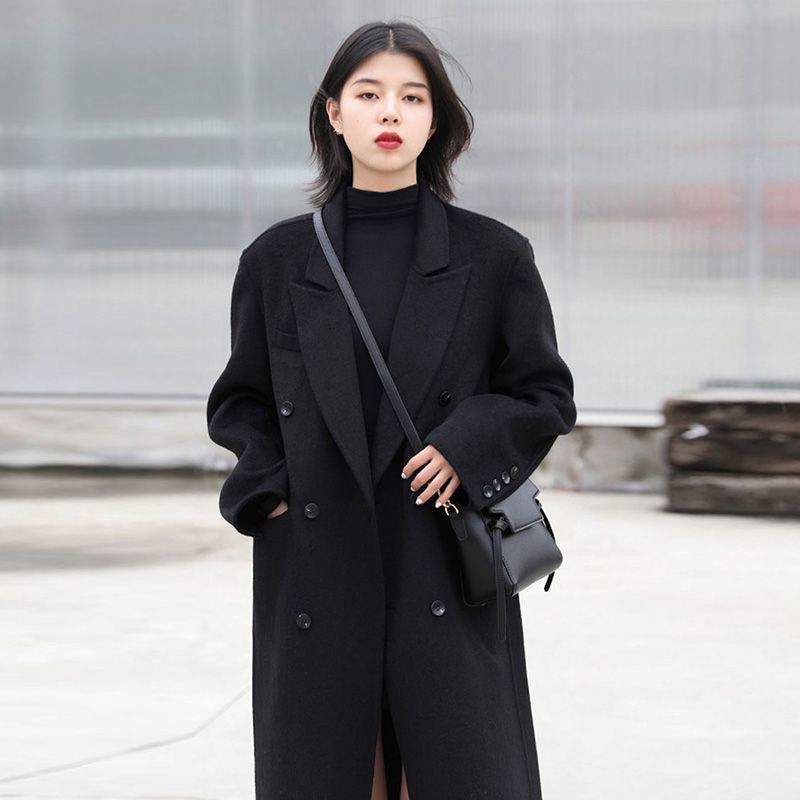黑色西裝外套女中長款2023秋冬季赫本風小個子加厚西裝呢子大衣新