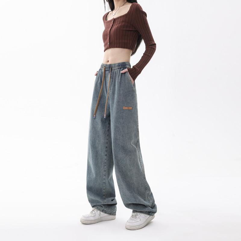 hiphop垂感褲子寬鬆直筒闊腿褲oversize鬆緊腰美式牛仔褲女夏季款