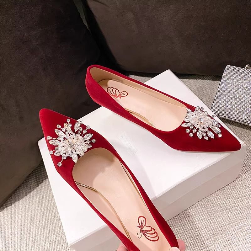 婚鞋新娘鞋2023新款红色高跟鞋秀孕妇不累脚礼服水钻亮片水晶鞋