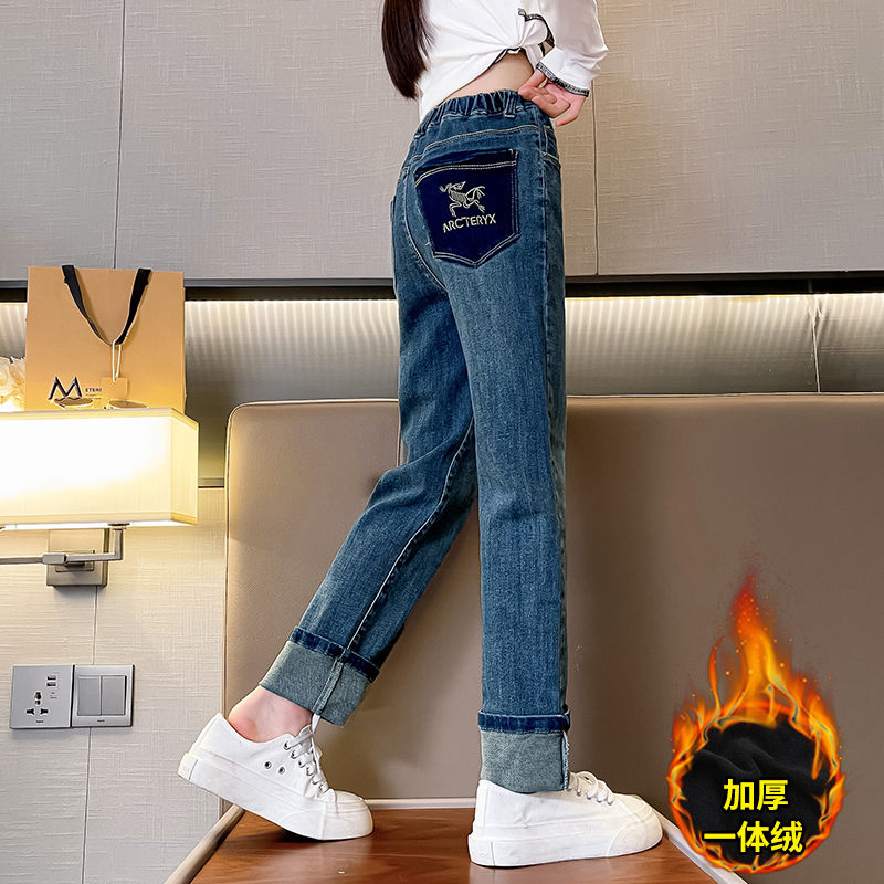 Girls' thickened jeans, autumn and winter  new style, stylish velvet pants for girls, children's spring and autumn small-legged pants