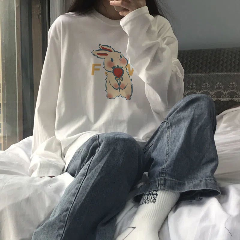 100%純棉長袖T恤女秋季內搭白色打底衫韓版ins寬鬆百搭印花上衣潮