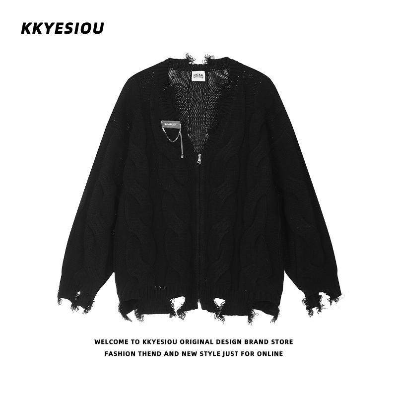 KKyesiou American retro ripped gray couple sweater for men and women overisze lazy style sweater jacket