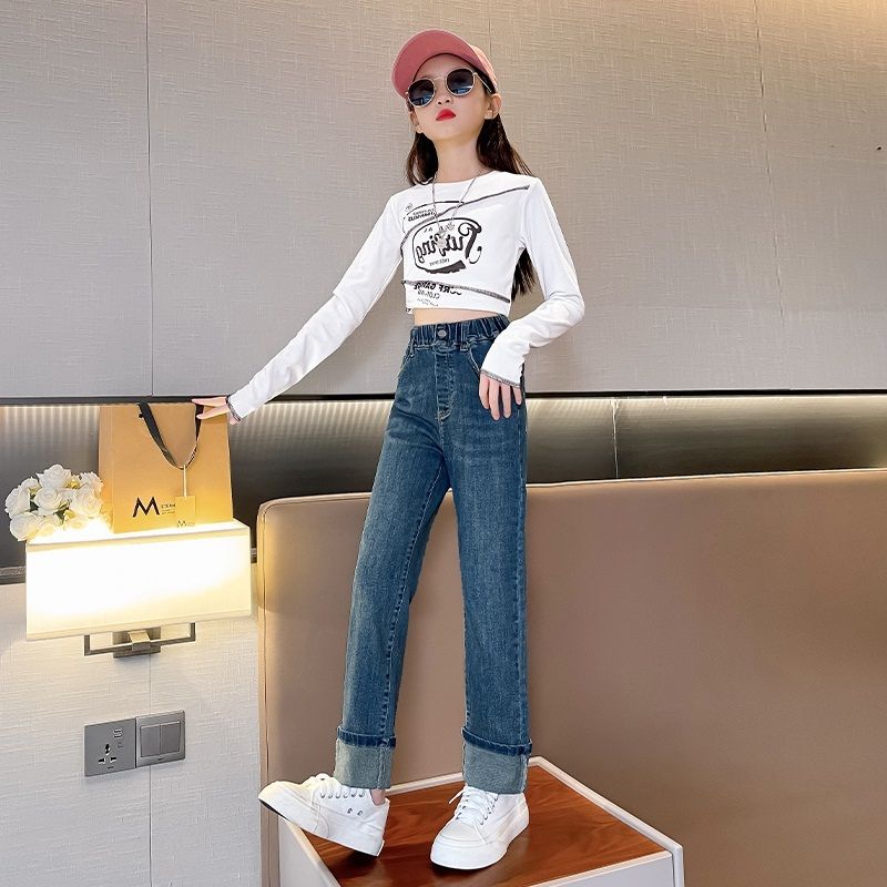 Girls' thickened jeans, autumn and winter  new style, stylish velvet pants for girls, children's spring and autumn small-legged pants