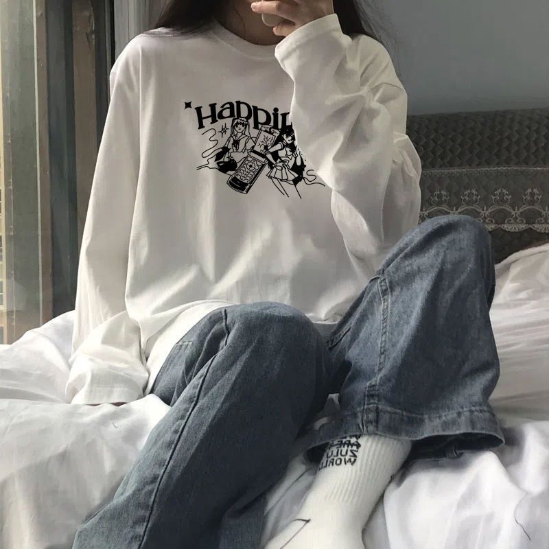 100%純棉長袖T恤女秋季內搭白色打底衫韓版ins寬鬆百搭印花上衣潮