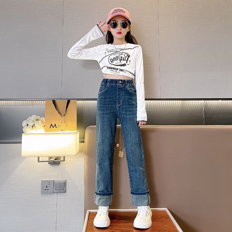 Girls' thickened jeans, autumn and winter  new style, stylish velvet pants for girls, children's spring and autumn small-legged pants