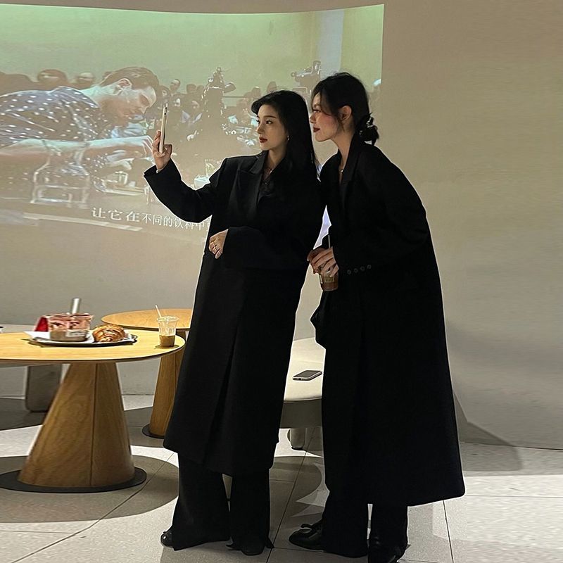 Black woolen coat women's mid-length 2023 autumn and winter new style Nizi cotton thickened suit woolen coat