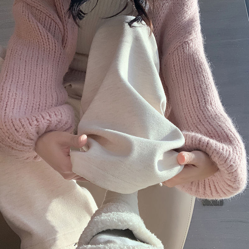 加絨加厚闊腿褲女秋冬顯瘦高腰垂感寬鬆直筒休閒小個子針織糯米褲