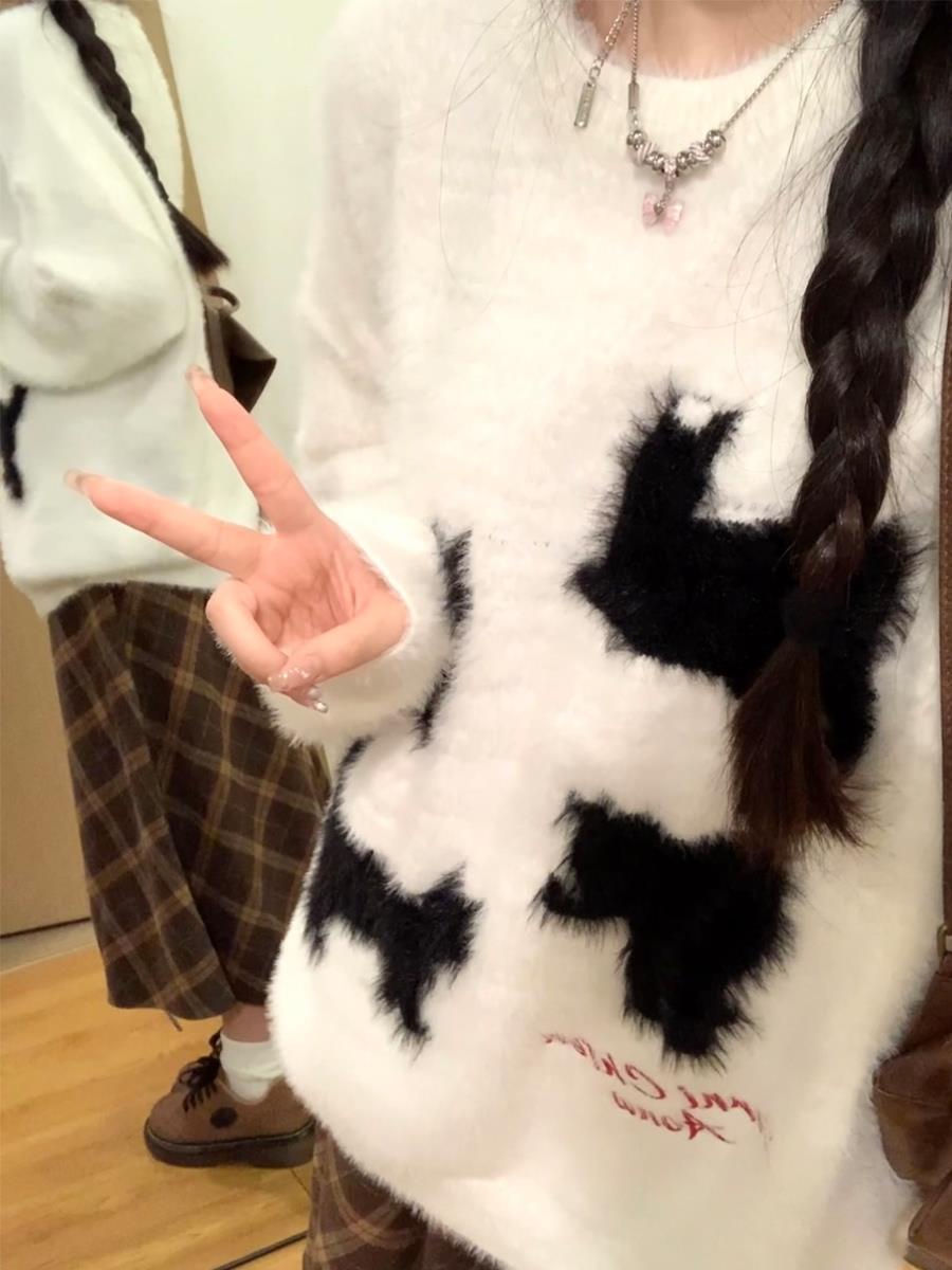 美式復古可愛小貓圓領毛衣男女秋冬新款慵懶風寬鬆上衣情侶針織衫