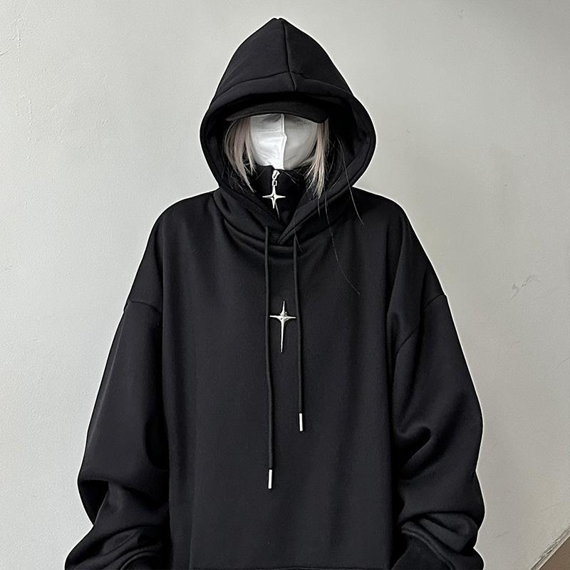 黑色連帽衛衣男女秋冬季美式復古重磅寬鬆休閒上衣小眾設計感外套