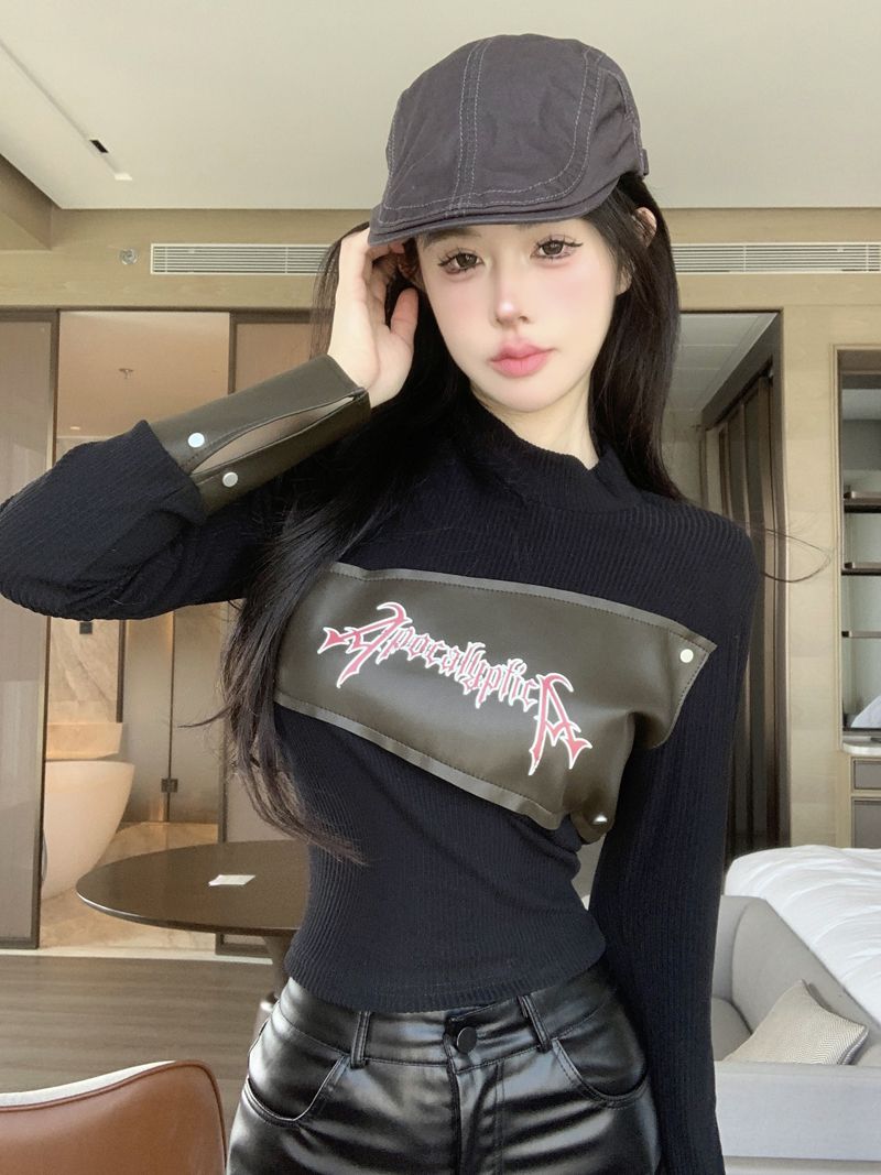 美拉德復古性感PU皮拼接打底衫女秋季辣妹半高領長袖t恤短款上衣