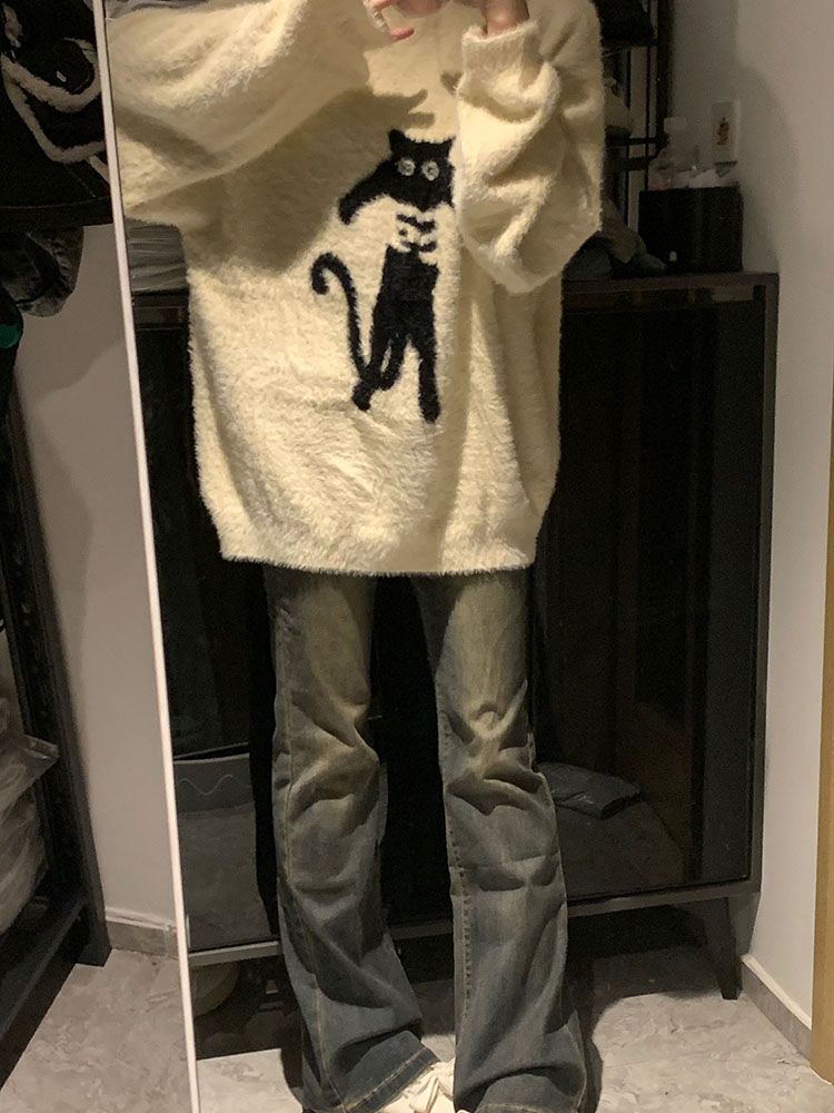 2023 Autumn and Winter New American Design Cat Lazy Style Loose Round Neck Sweater Plush Knitted Sweater Top