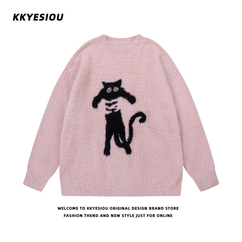 American retro fun cat couple knitted sweater for men and women vintage college style pullover casual loose sweater