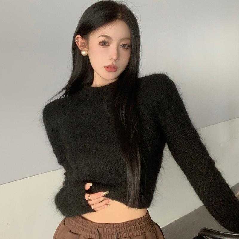 仿貂毛軟糯短款毛衣女秋冬加厚高級感高腰針織衫修身內搭打底上衣