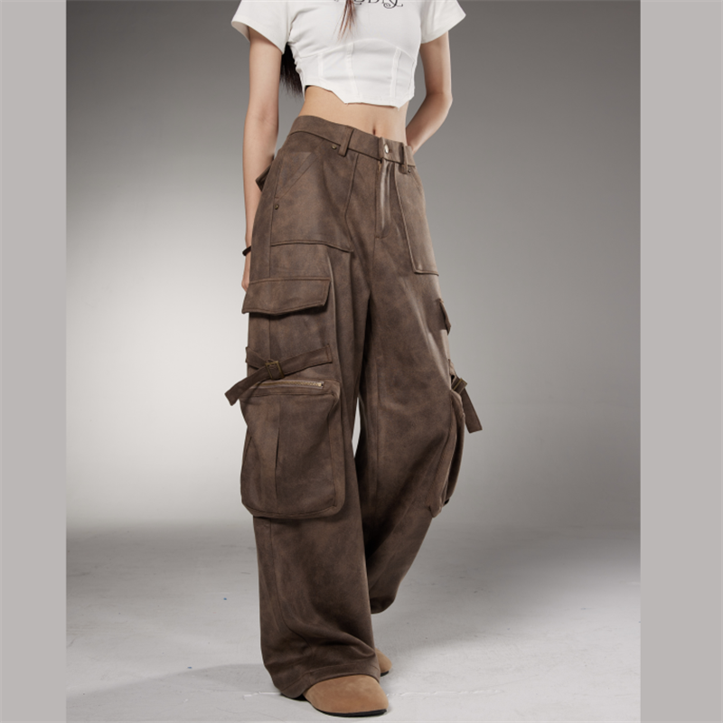 小众设计感棕色多口袋美式工装裤男女vibe高街美拉德休闲直筒裤潮