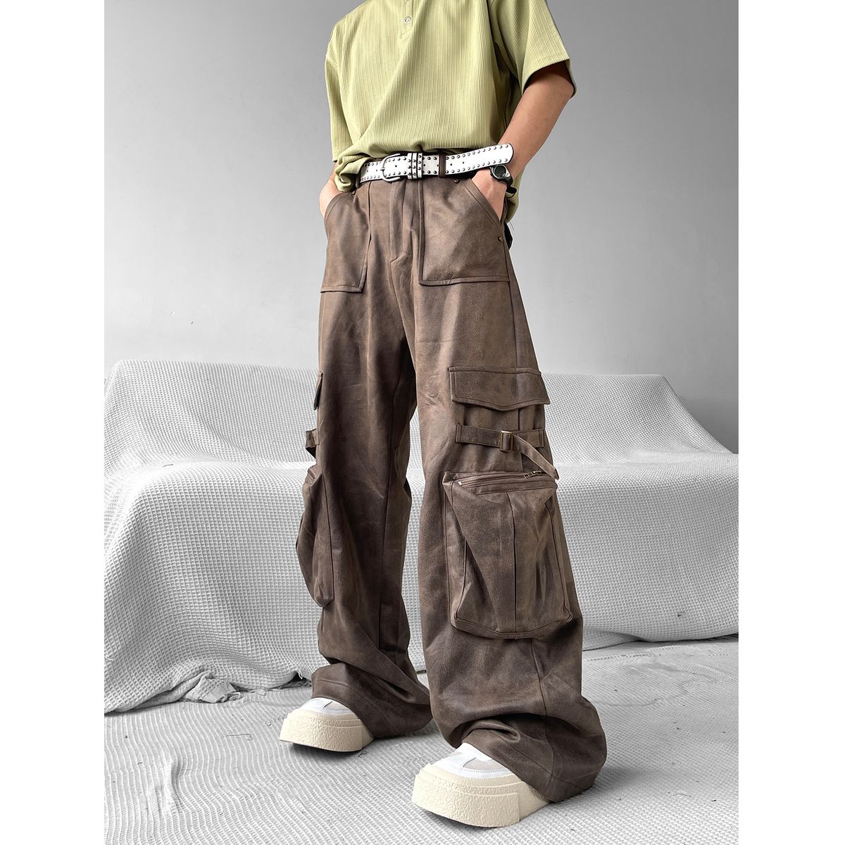 小众街头直筒阔腿裤流行拖地大口袋设计休闲中腰工装直筒宽松长裤