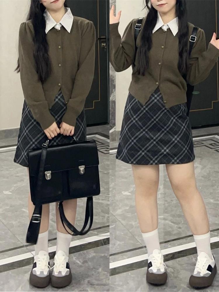 復古設計感格紋毛呢短裙女大碼胖mm秋季包臀裙顯瘦遮胯A字半身裙