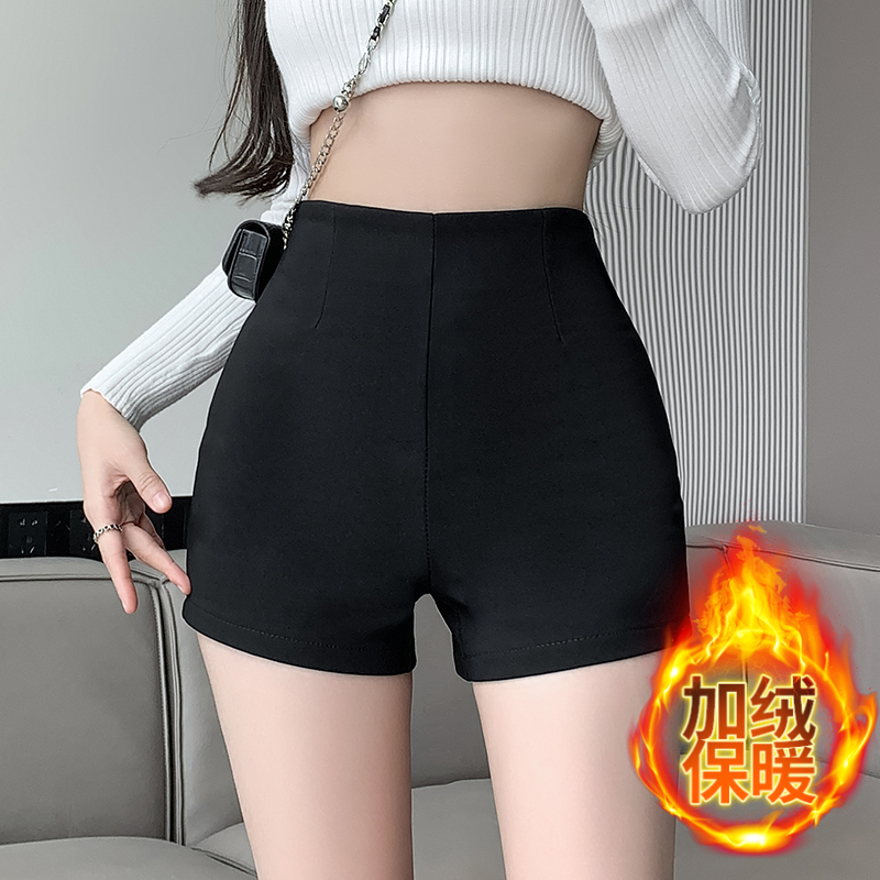 黑色西裝加絨短褲女2023年秋冬高腰a字彈性修身打底辣妹熱褲靴褲