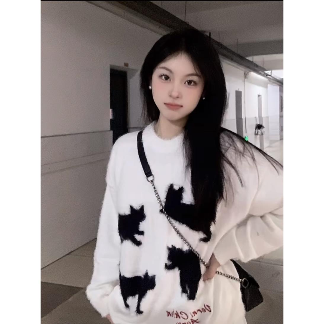國潮復古白色毛衣男女秋冬季設計感新款慵懶風寬鬆可愛貓咪針織衫