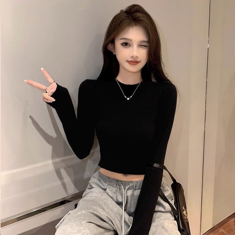 圓領短款打底衫女秋冬內搭純棉小衫辣妹純欲風緊身顯瘦設計感上衣