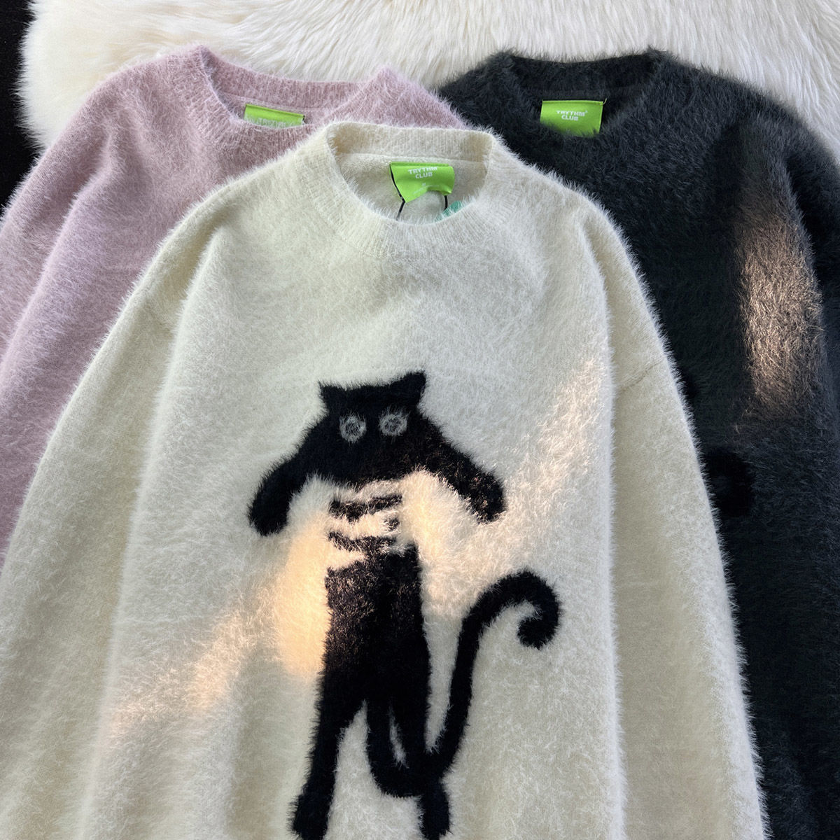 日系慵懒复古可爱猫咪水貂绒毛衣男秋冬奶fufu软糯宽松的针织外套