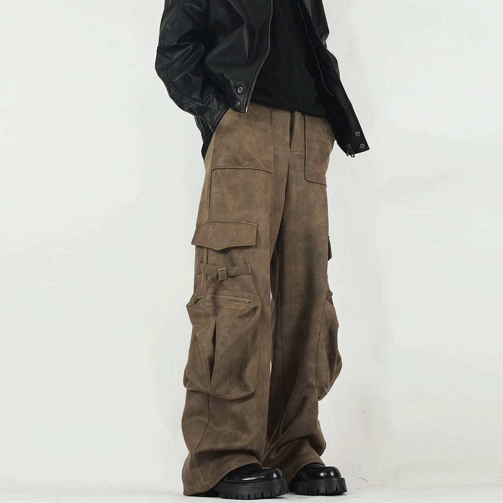American retro high-end suede overalls with large pockets for men and women casual wide-leg pants cleanfit trousers trendy
