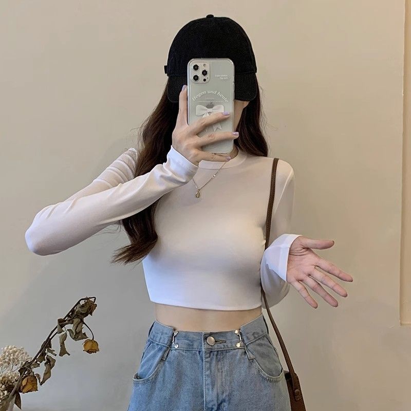 白色長袖t恤女春秋辣妹緊身高腰顯瘦露臍內搭短款打底衫上衣ins潮
