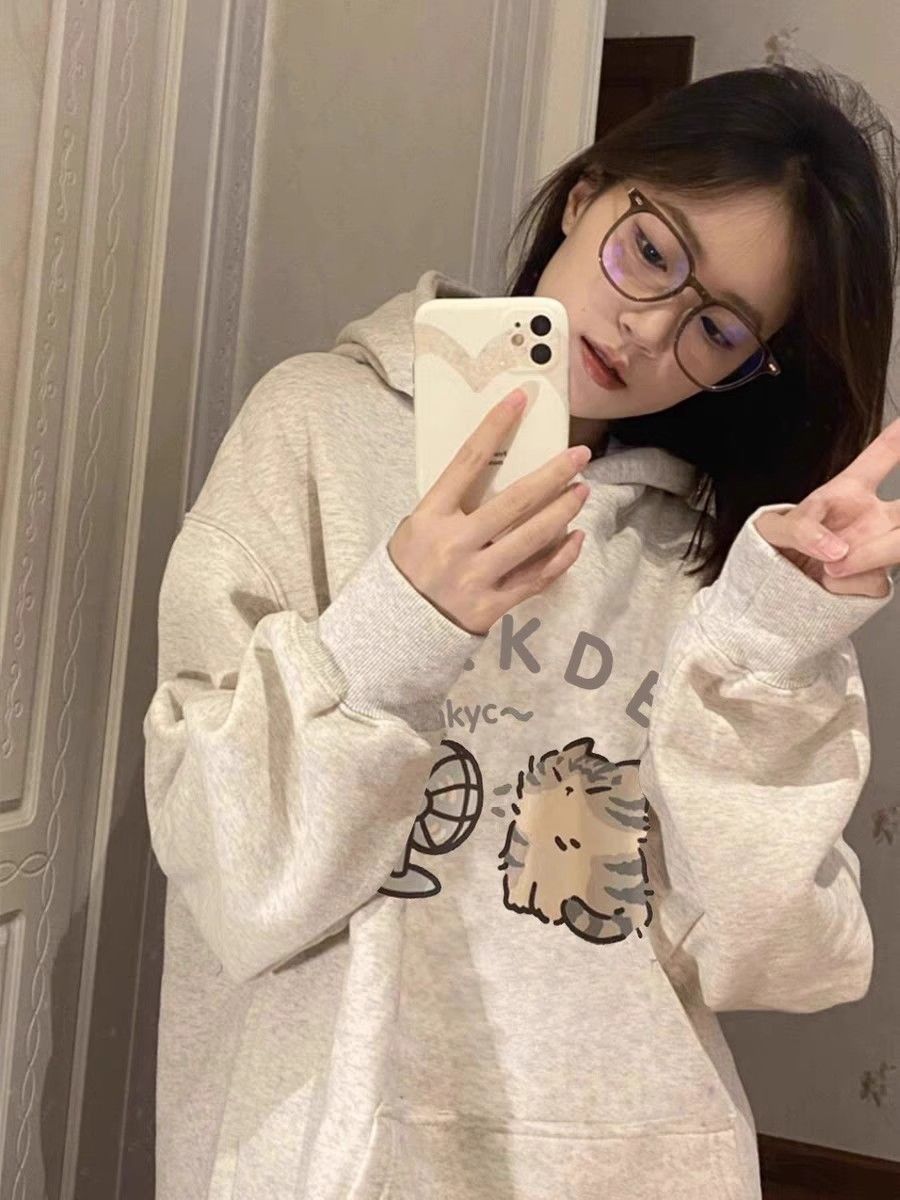 100%重磅純棉衛衣女2023秋冬美式復古上衣oversize連帽慵懶風外套
