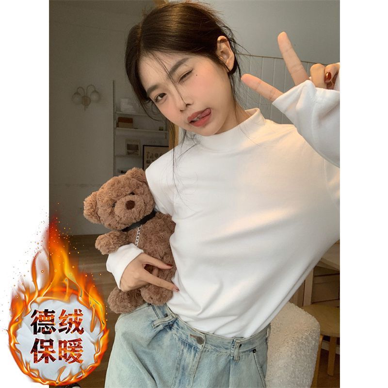 法式德絨半高領打底衫女內搭修身顯瘦t恤秋冬加絨加厚長袖上衣ins