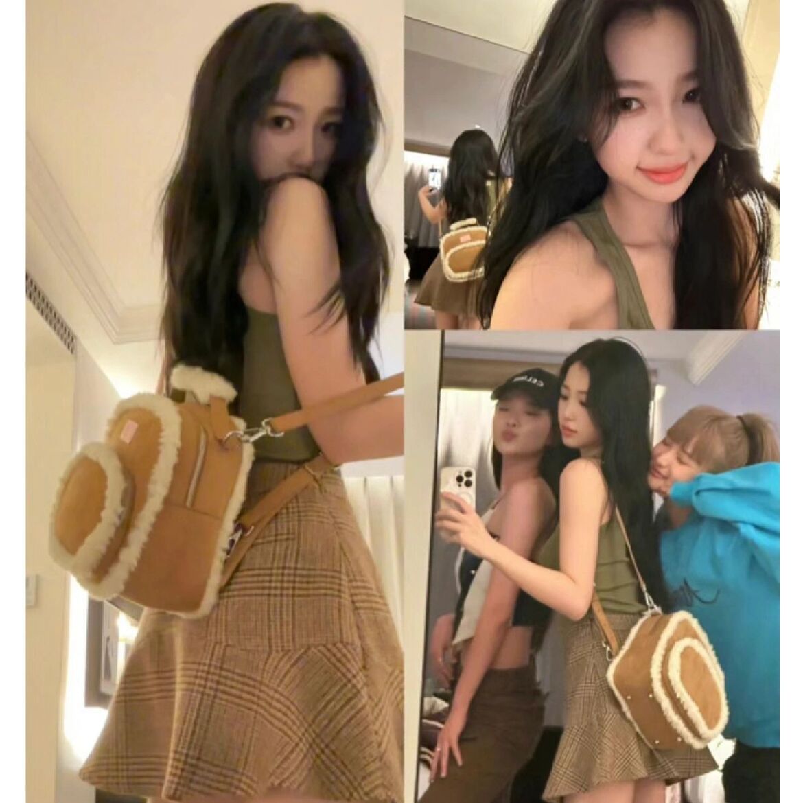 韓系ins風小方包包女2023新款秋冬小眾百搭撞色毛毛雙肩包斜挎包