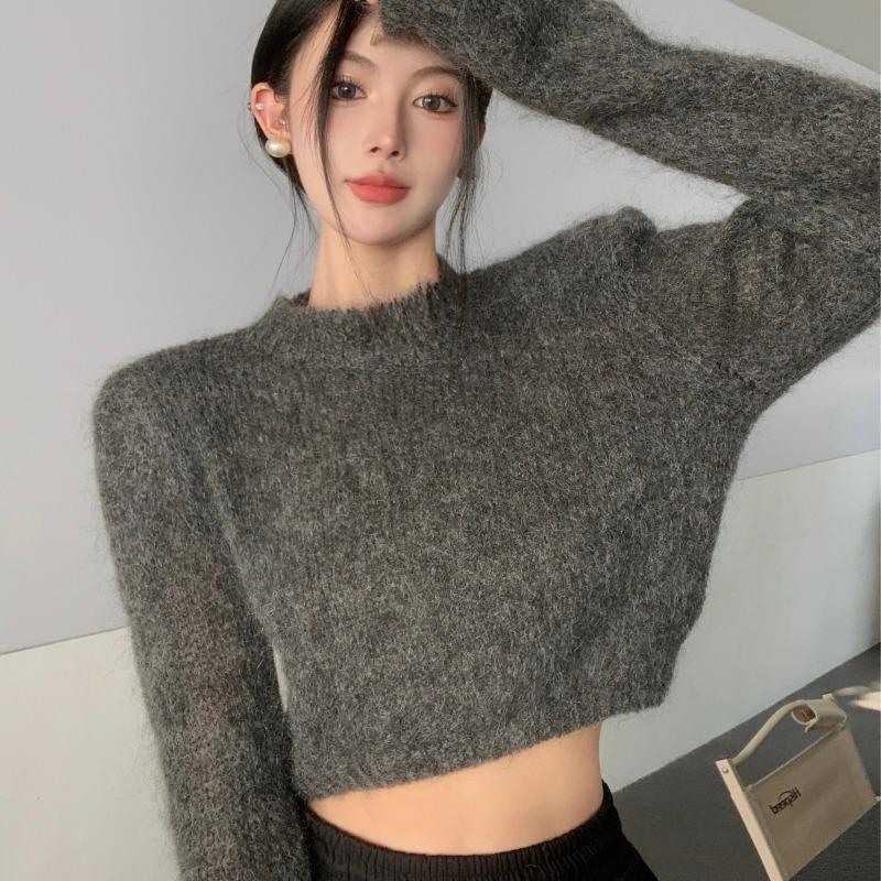 仿貂毛軟糯短款毛衣女秋冬加厚高級感高腰針織衫修身內搭打底上衣