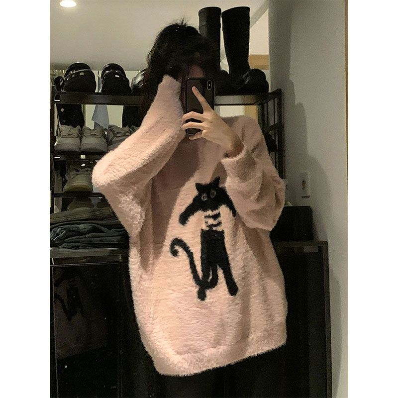 韓系chic甜美慵懶風毛衣男秋冬新款貓咪軟糯百搭情侶套頭寬鬆上衣