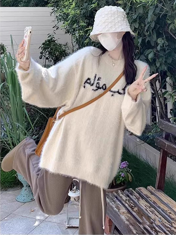 Letter mink velvet sweater for women mid-length outer wear 2023 autumn and winter new style loose lazy style bottoming sweater trend