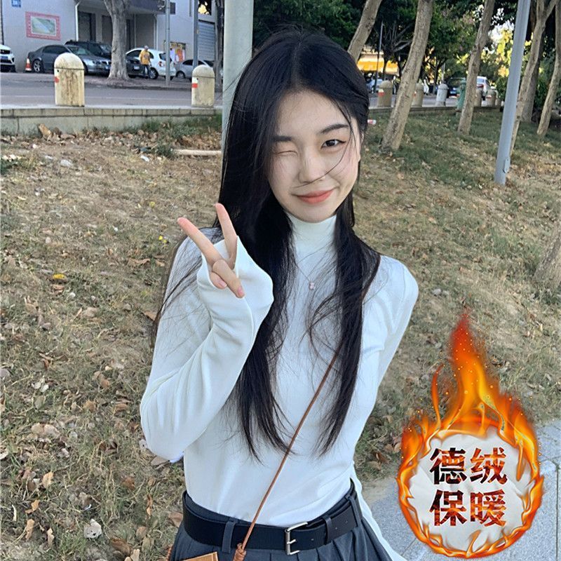 秋裝新款半高領白色德絨打底衫內搭寬鬆長袖t恤上衣顯瘦別致小衫