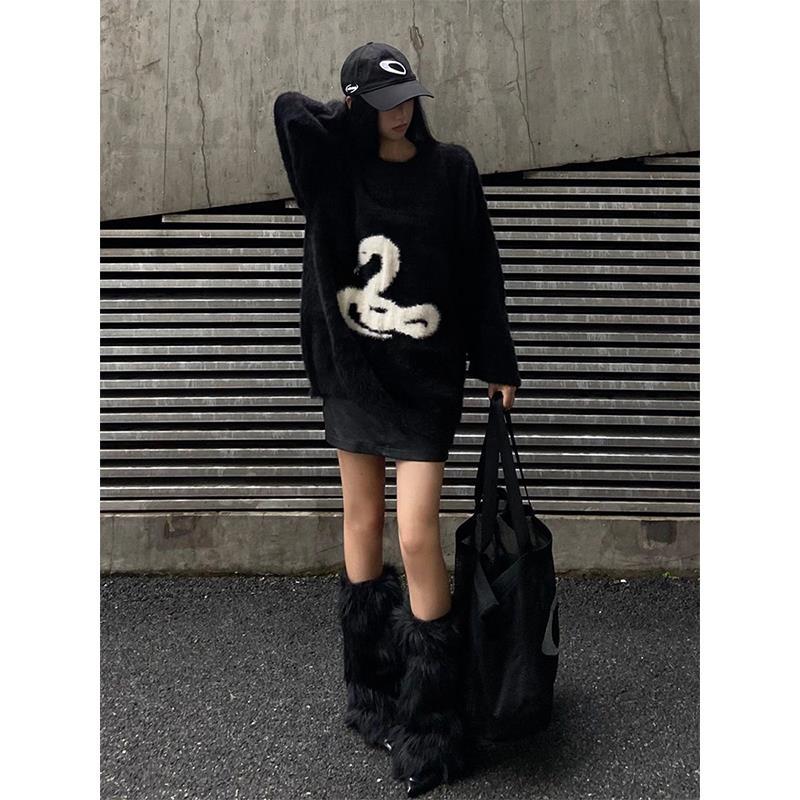 黑色慵懶風軟糯毛衣男女秋冬季美式復古仿貂絨針織衫寬鬆上衣外套