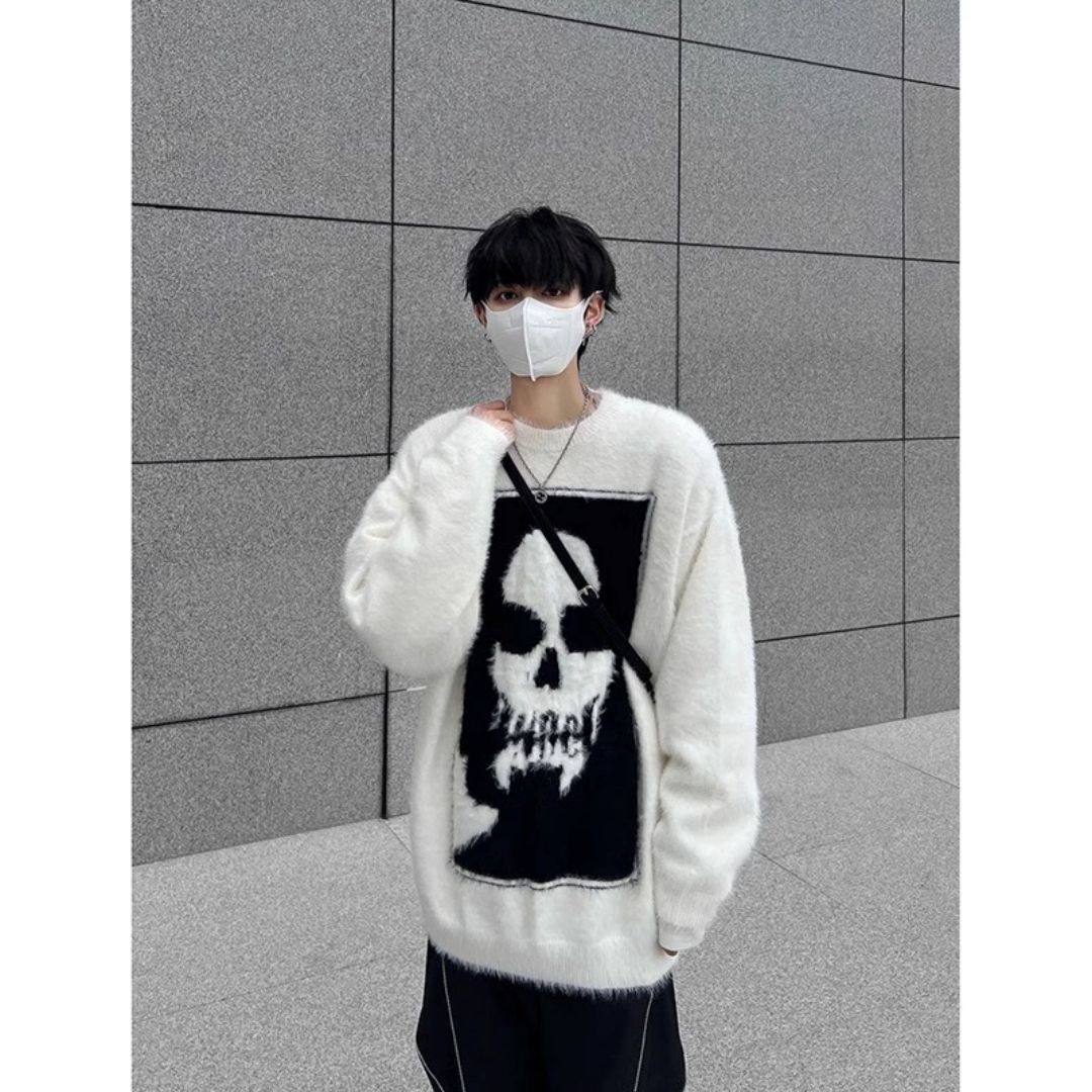 Retro American niche design mohair skull jacquard sweaters for men and women in autumn and winter loose couple knitwear
