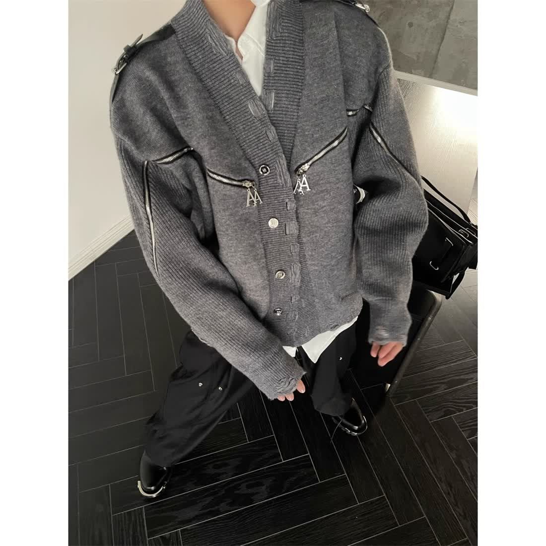 American design metal button zipper cardigan sweater men's high street handsome high-end knitted jacket trendy top